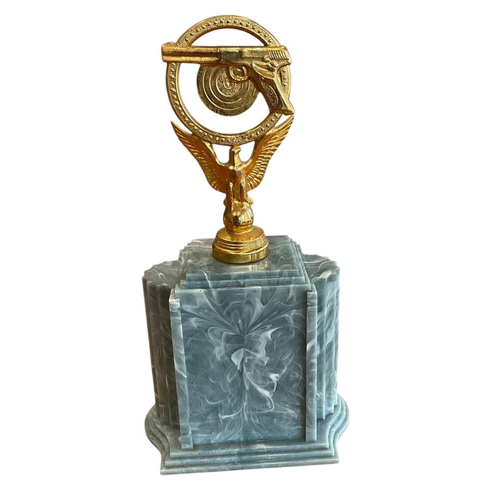 Vintage Blue Swirl Shooting Trophy with Pistol and Target Gold‎ Topper